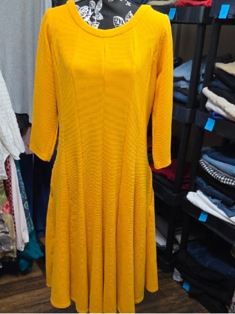 Ashley Stewart Mustard Yellow Knit Fit-and-Flare Midi Dress